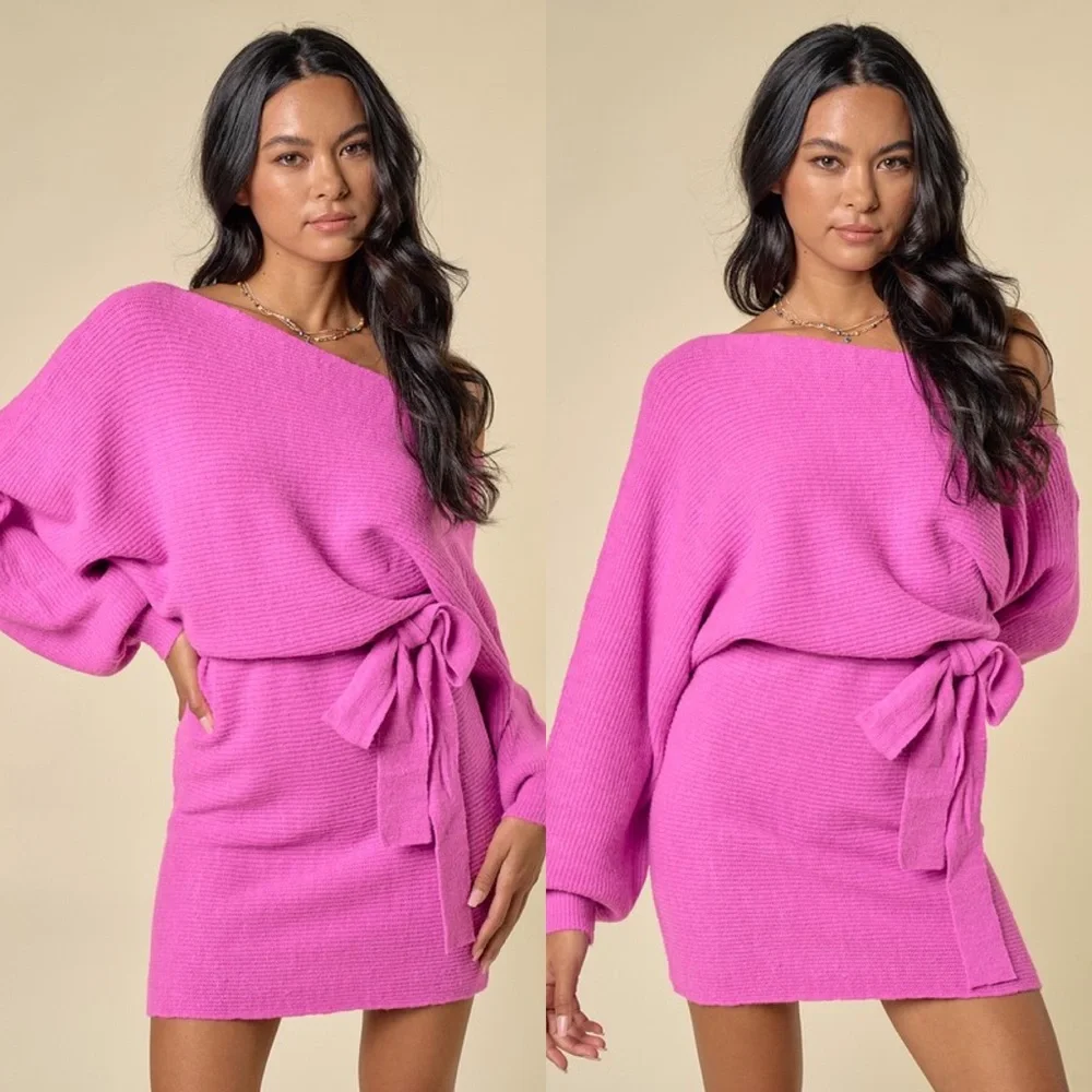 *PREORDER* What, Like It’s Hard? Pink Off Shoulder Sweater Dress - Picture 2 of 3